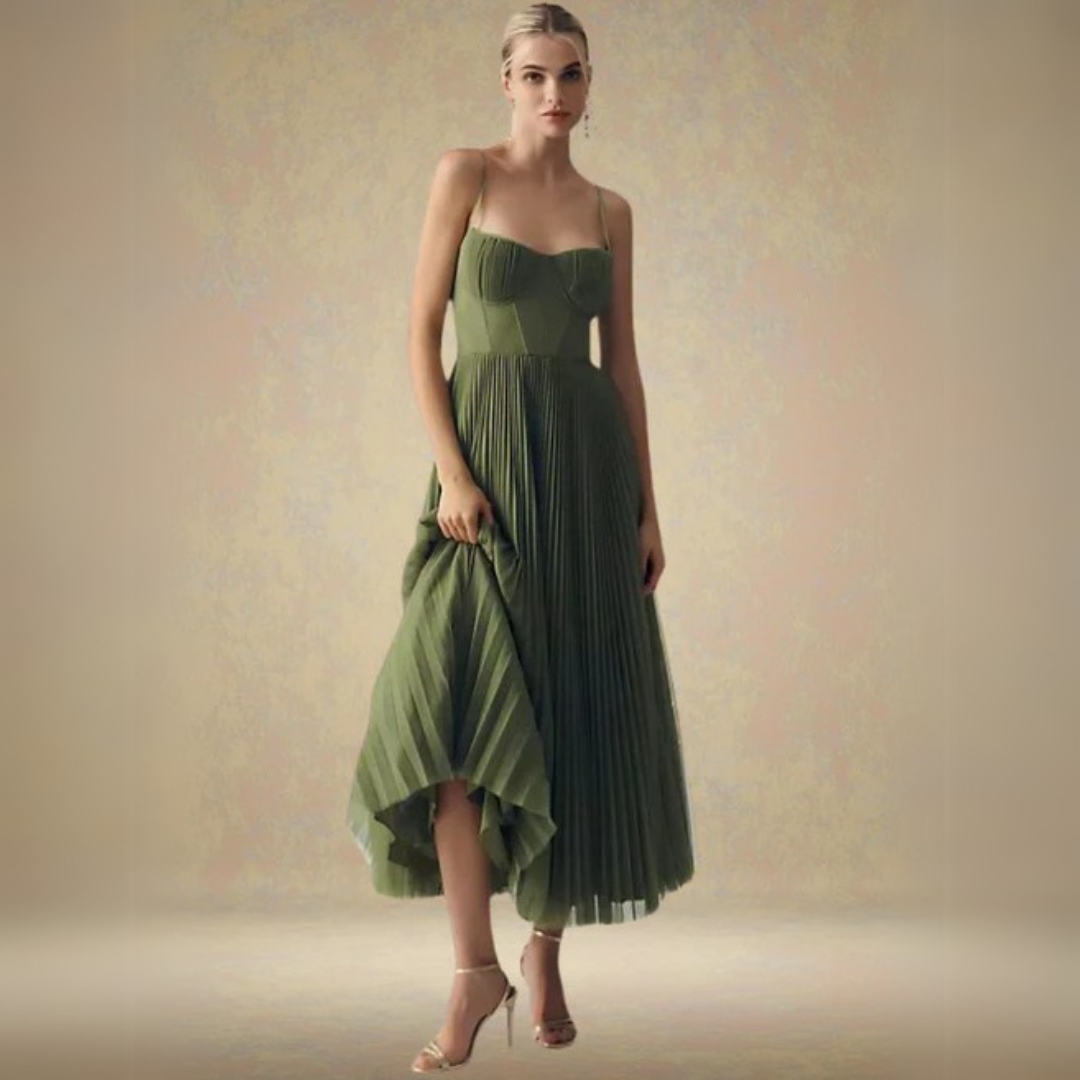 Amanda | Abito lungo plissettato verde oliva