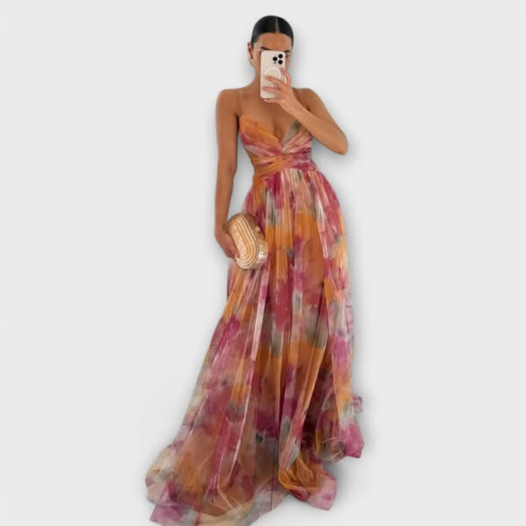 Isidora | Abito lungo con tulle artigianale