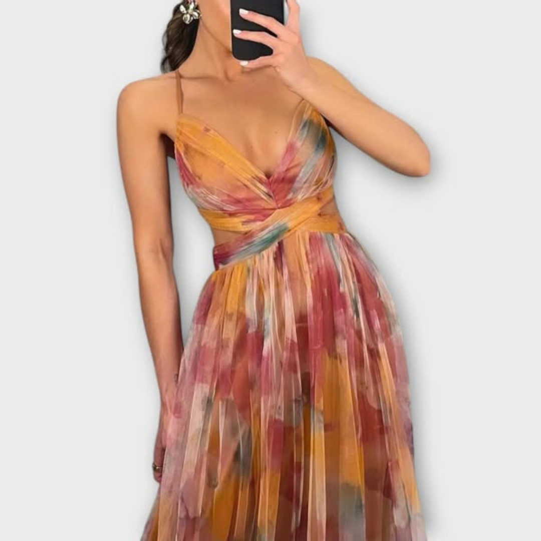 Isidora | Abito lungo con tulle artigianale