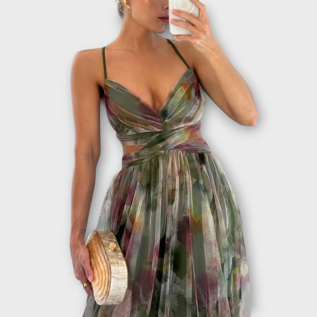 Isidora | Abito lungo con tulle artigianale