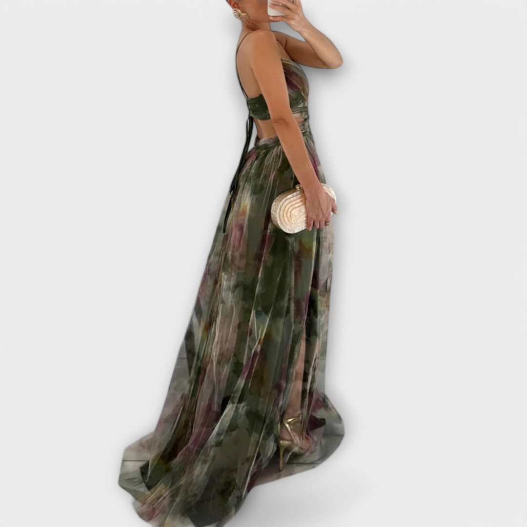 Isidora | Abito lungo con tulle artigianale