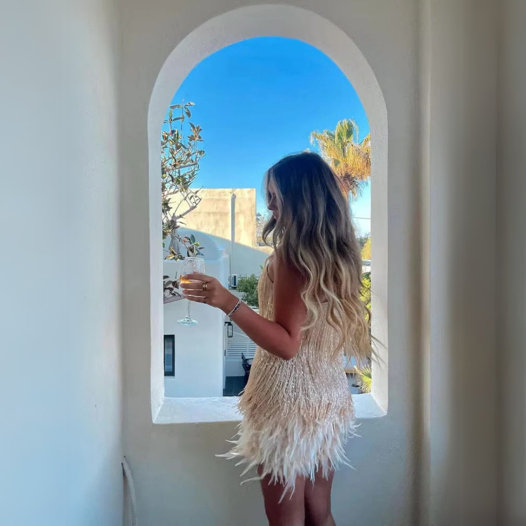 Bambina | Abito a frange scintillante con piume