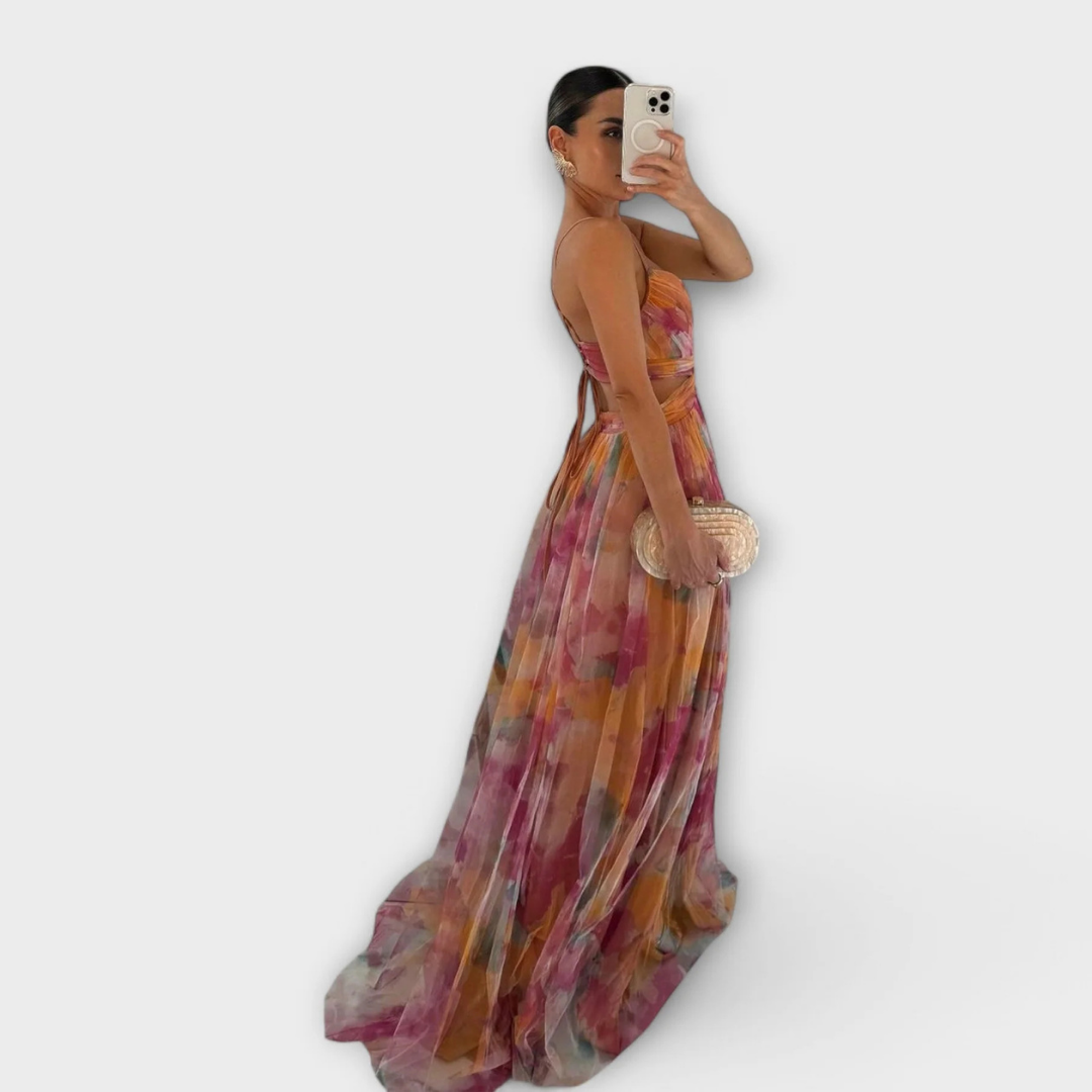 Isidora | Abito lungo con tulle artigianale