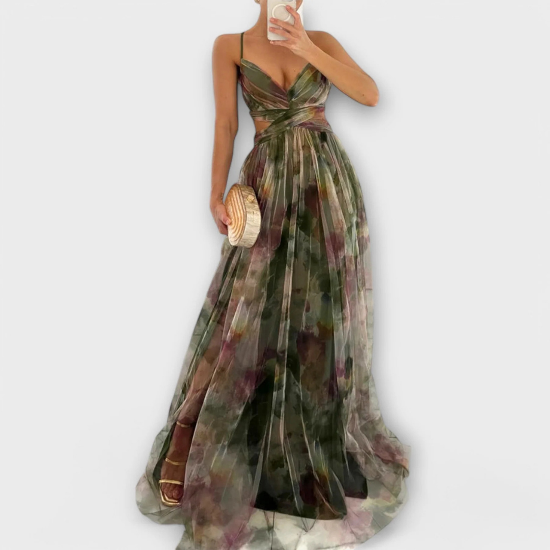 Isidora | Abito lungo con tulle artigianale