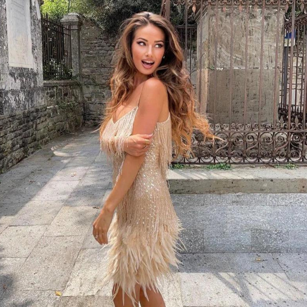 Bambina | Abito a frange scintillante con piume